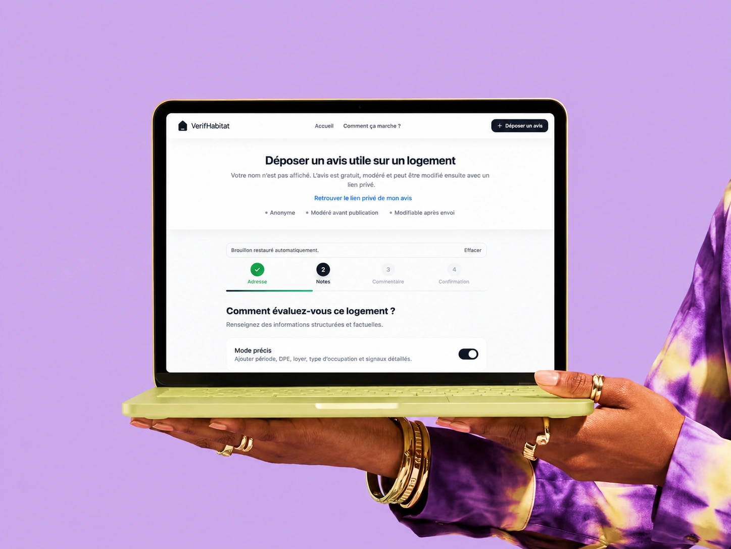 Interface de dépôt d’avis logement affichée sur un ordinateur portable